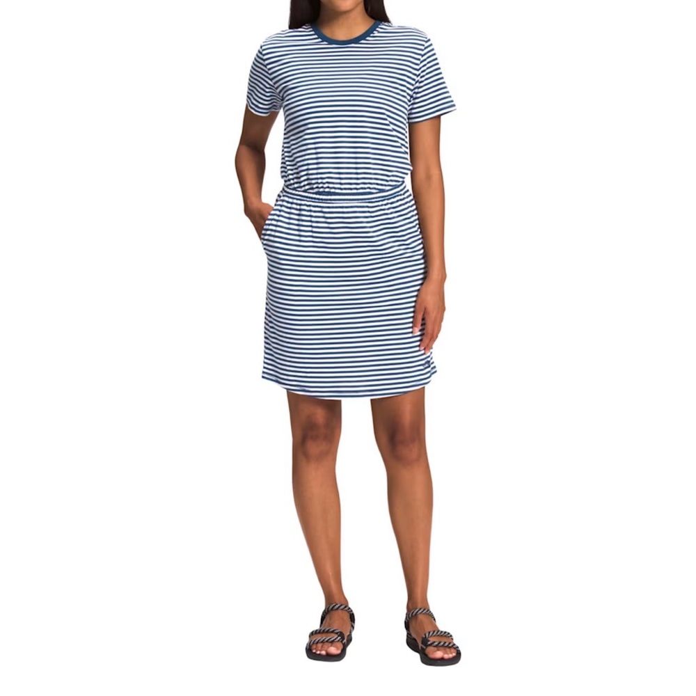 The North Face Navy and White Striped T-shirt dress with pockets.